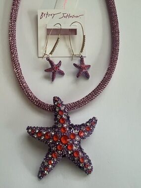 BETSEY JOHNSON  Mermaid Jewels Starfish Cord NECKLACE & Earring Set Crystal 2 pc